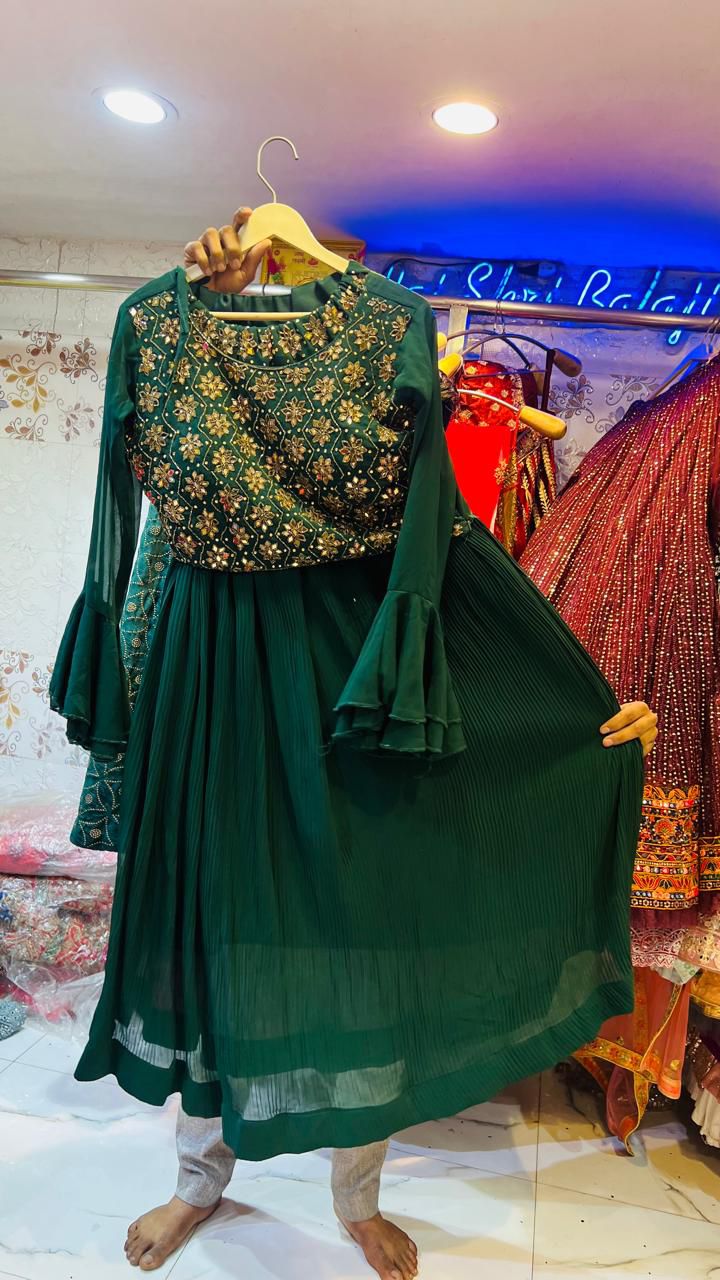 Dark Green Crushed Georgette Lehenga with Bell Sleeve Blouse
