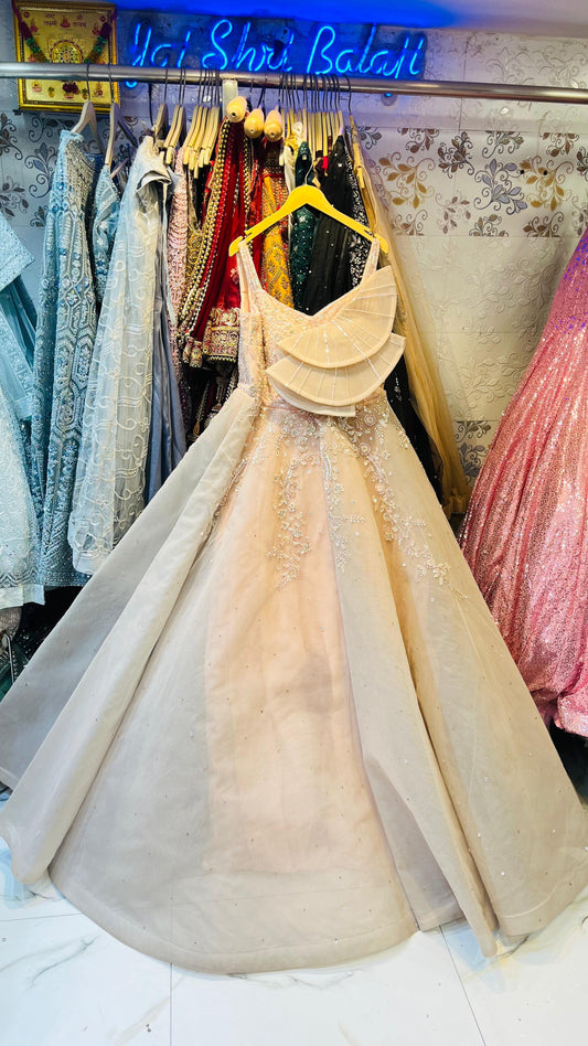Architectural Champagne Beige Tulle Ball Gown with Statement Fan Ruffle & Silver Embroidery – Couture Evening Wear