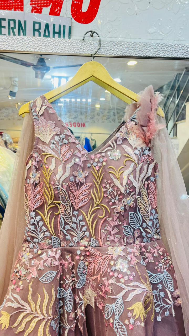 Mauve Pink Multi-Color Floral Embroidered Ball Gown – 3D Flower & Feather Shoulder Party Dress