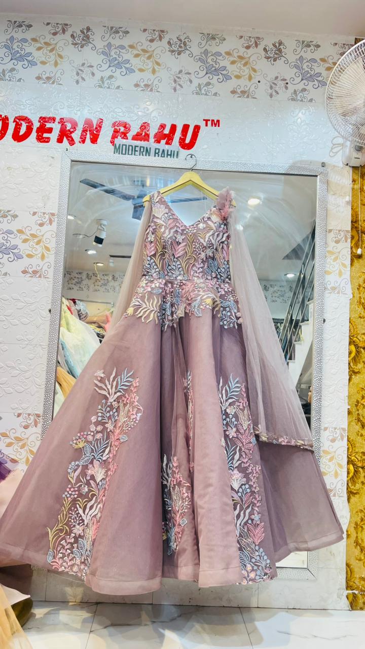 Mauve Pink Multi-Color Floral Embroidered Ball Gown – 3D Flower & Feather Shoulder Party Dress