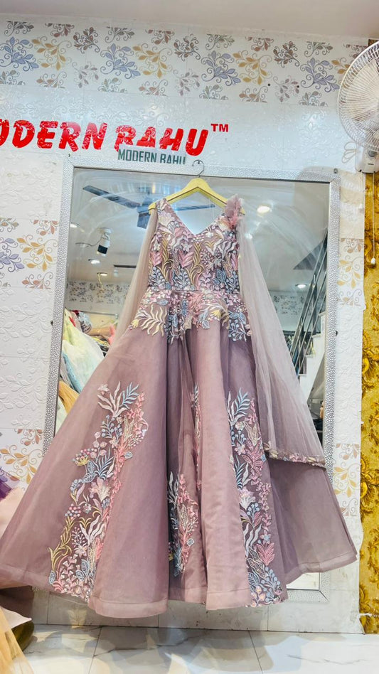 Mauve Pink Multi-Color Floral Embroidered Ball Gown – 3D Flower & Feather Shoulder Party Dress