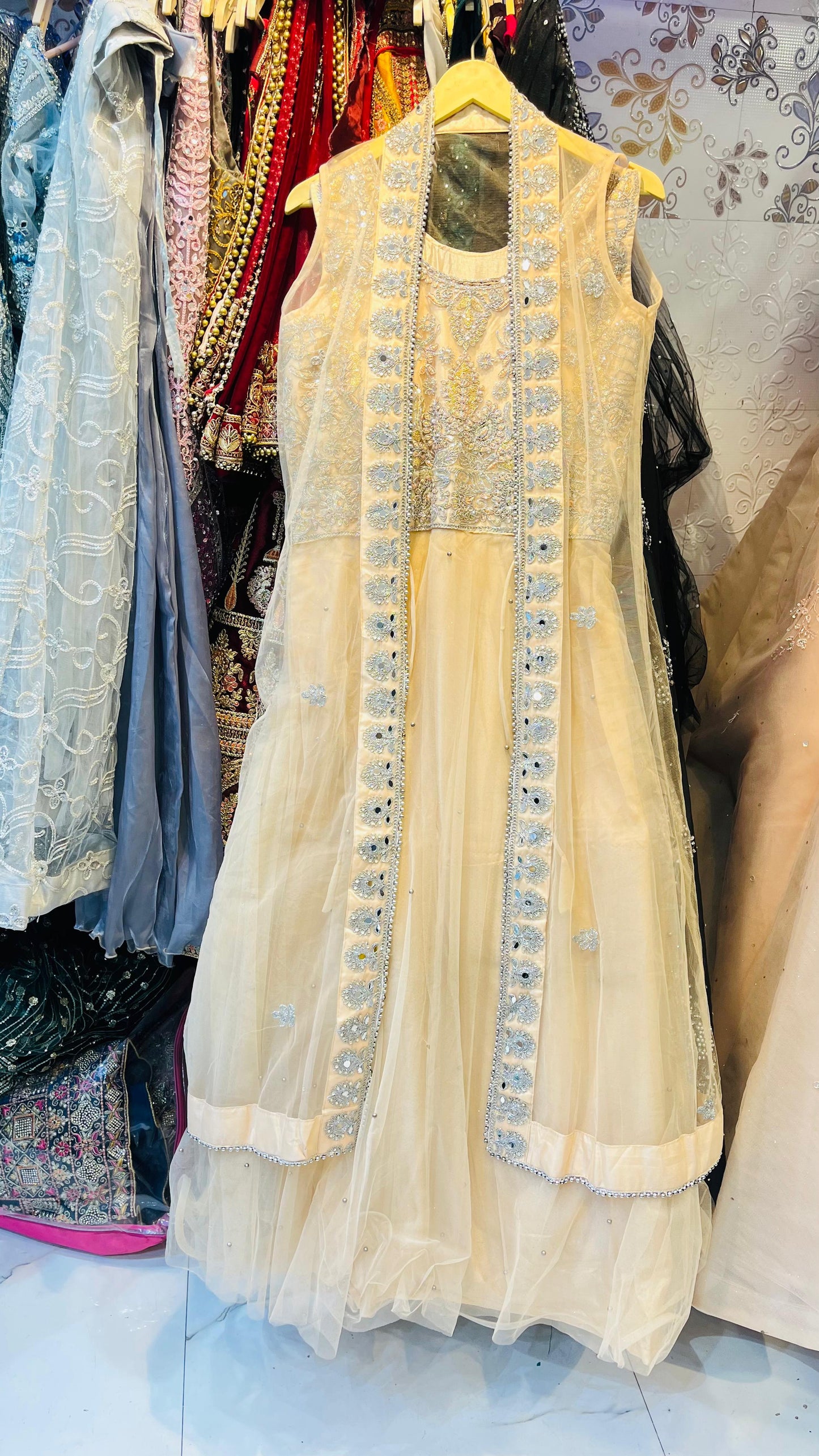 Regal Cream Tulle Gown with Long Mirror Work Jacket Overlay & Silver Embroidery – Layered Fusion Party Wear