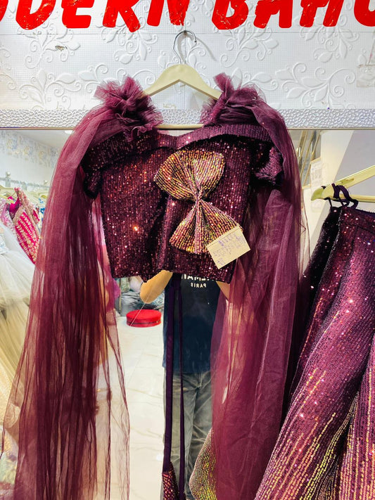 Deep Maroon Sequin Lehenga Choli – Statement Bow Back Blouse with Ruffled Shoulders