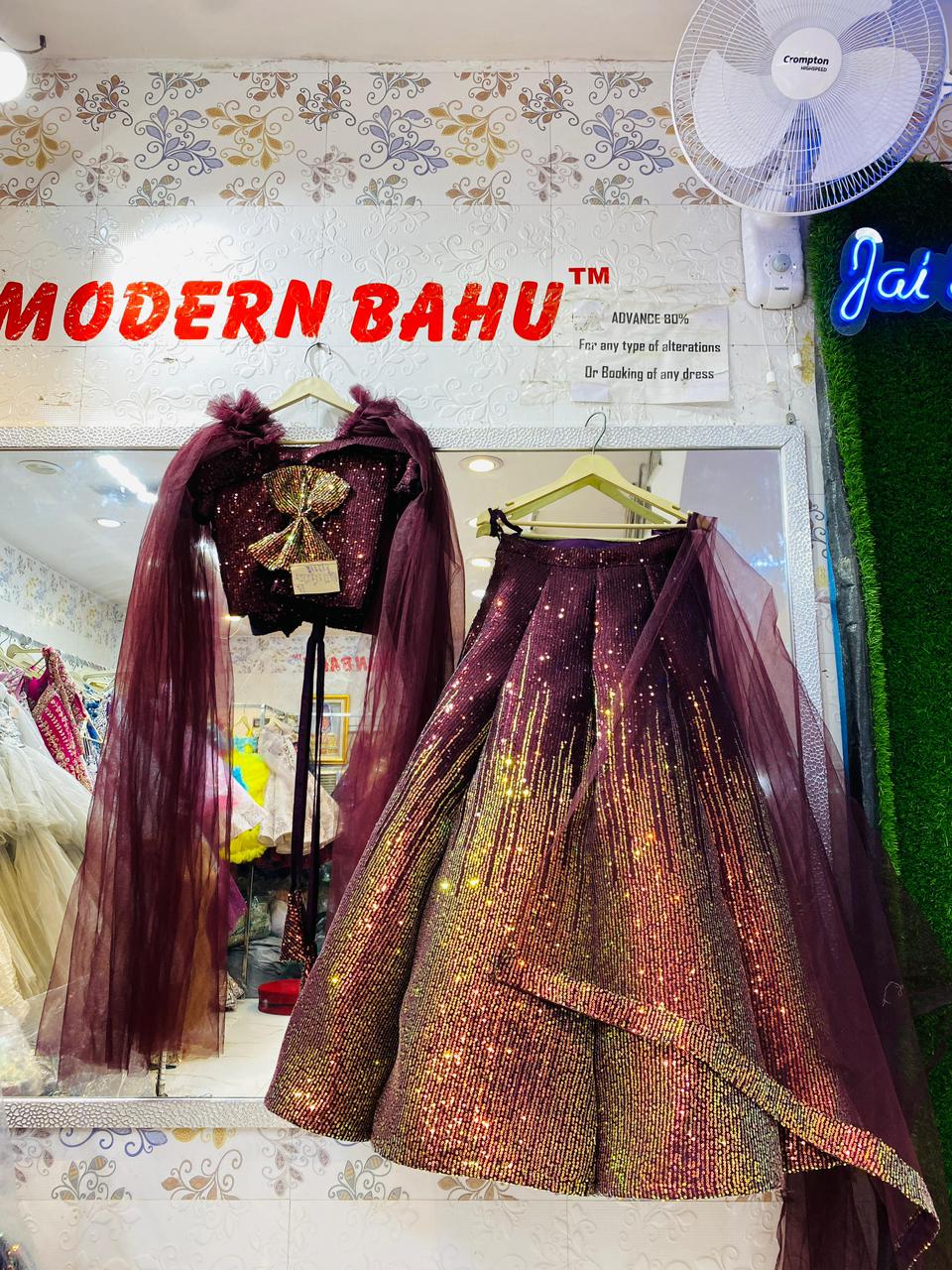 Deep Maroon Sequin Lehenga Choli – Statement Bow Back Blouse with Ruffled Shoulders