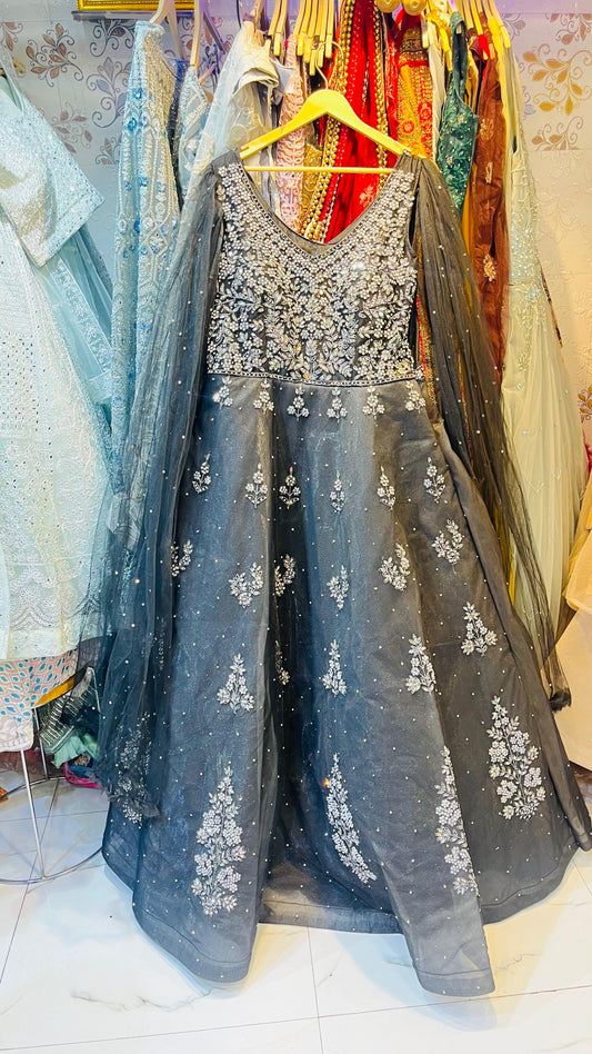 Luxurious Charcoal Grey Ball Gown with Heavy Crystal Embroidery & Sheer Draped Sleeves – Red Carpet Evening Wear
