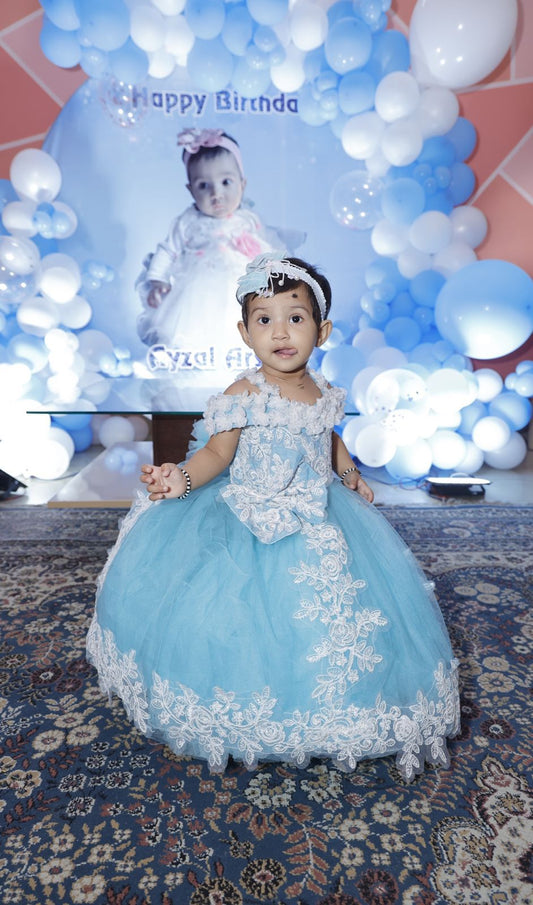 Dreamy Sky Blue Tulle Ball Gown with White Lace Applique & Floral Ruffle Neckline – Luxury Baby Birthday Wear
