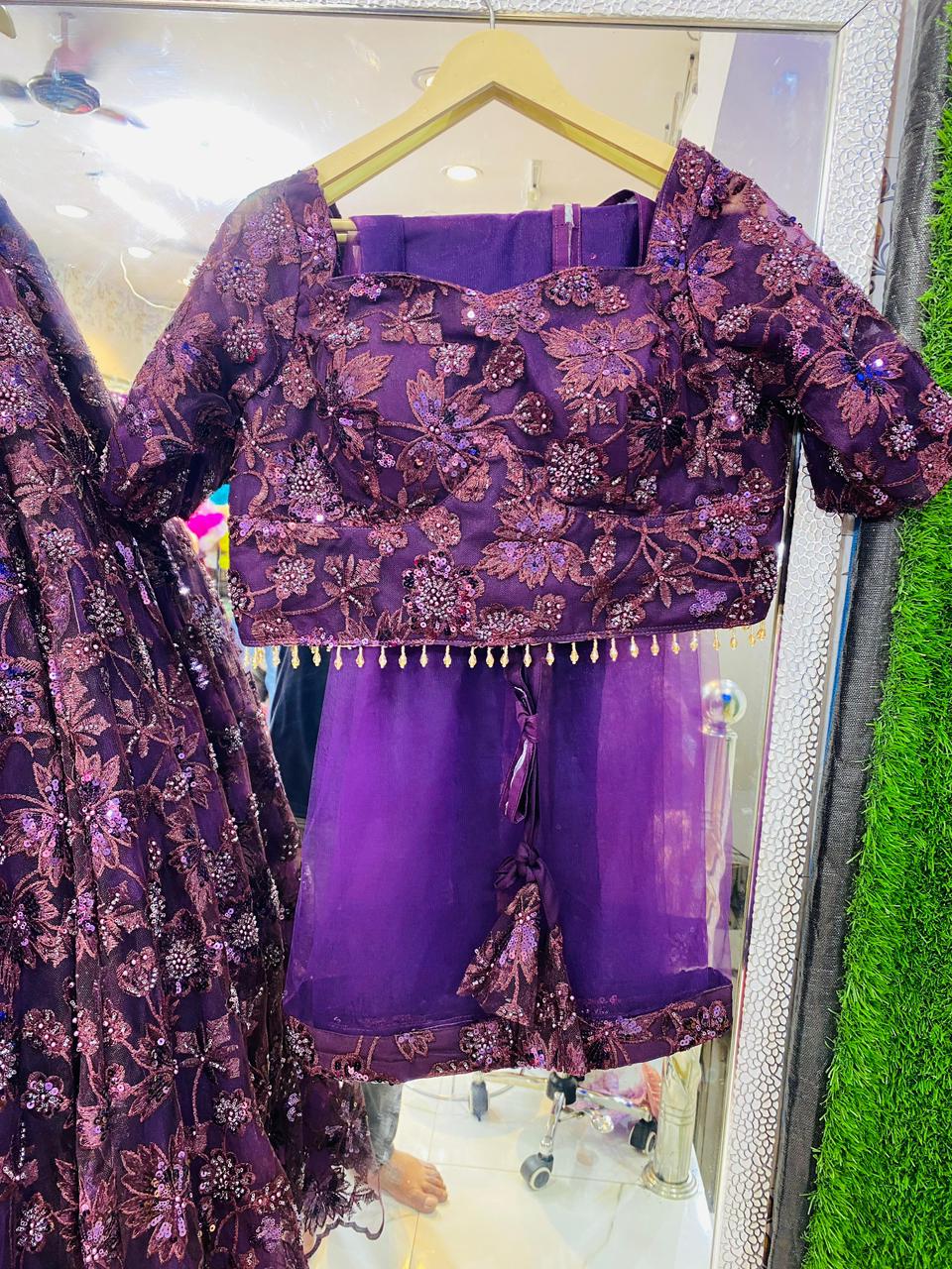 Deep Purple Floral Sequin Embroidered Lehenga Choli – Net Wedding Party Wear with Beaded Tassel Blouse