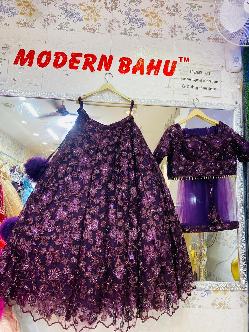 Deep Purple Floral Sequin Embroidered Lehenga Choli – Net Wedding Party Wear with Beaded Tassel Blouse