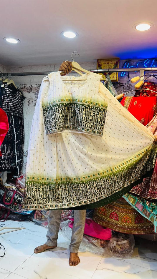 White & Green Ombre Georgette Lehenga Choli with Heavy Border Work