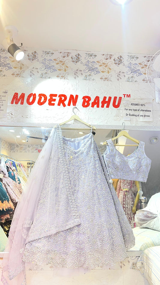 Lavender Net Designer Lehenga Choli with Heavy Silver Sequin & Stone Embroidery – Party Wear & Wedding Special