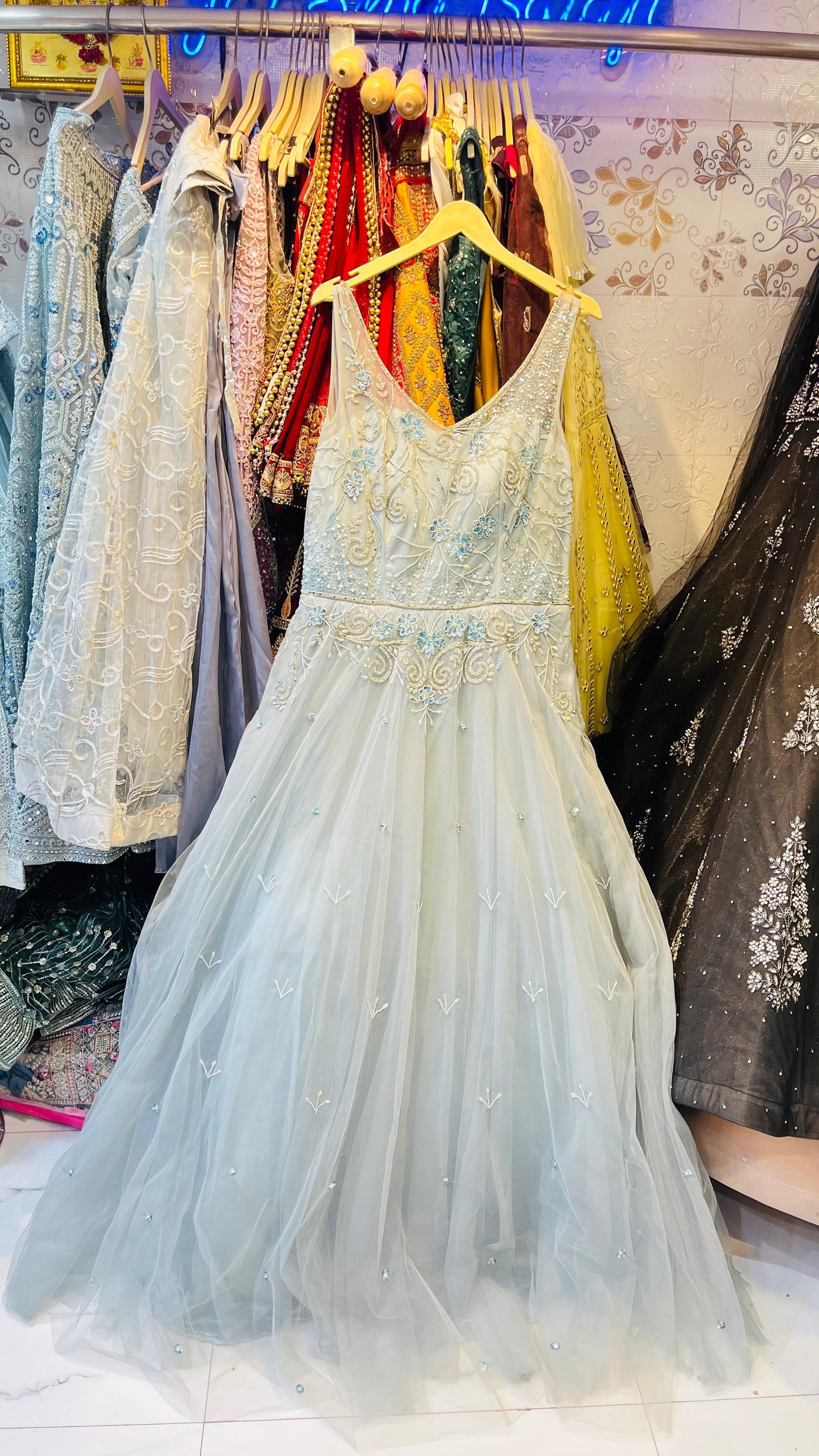 Dreamy Icy Blue Tulle Ball Gown with Pearl & Floral Vine Embroidery – Romantic Evening Wear