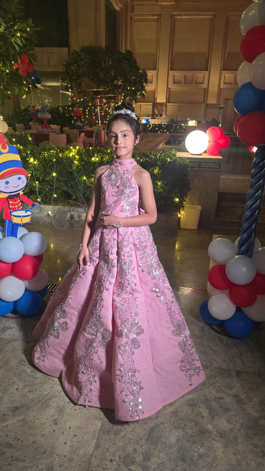 Elegant Baby Pink Halter Neck Ball Gown with Silver Floral Sequin Embroidery – Luxury Party Wear for Girls