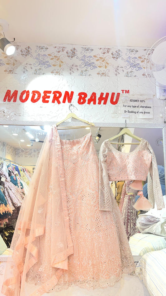 Peach Mirror Work Net Lehenga Choli | Long Sleeve Silver Embroidered Designer Party Wear