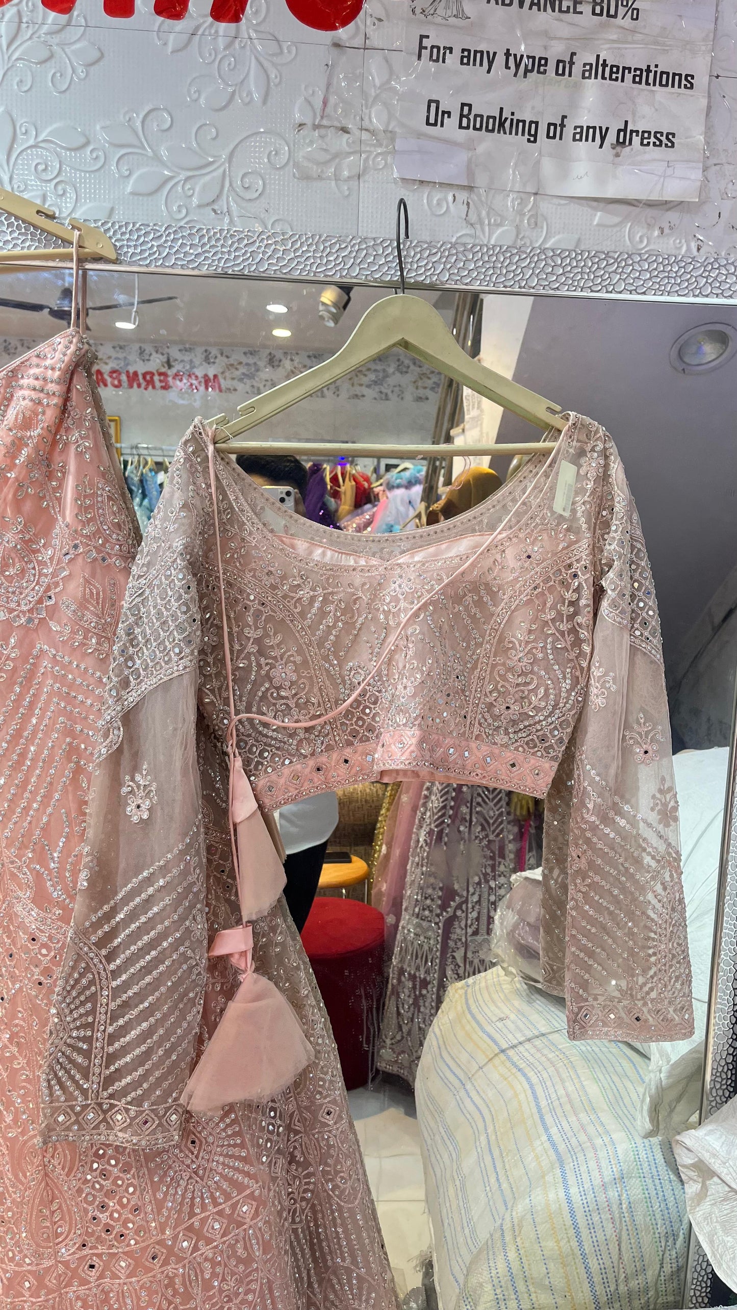 Peach Mirror Work Net Lehenga Choli | Long Sleeve Silver Embroidered Designer Party Wear