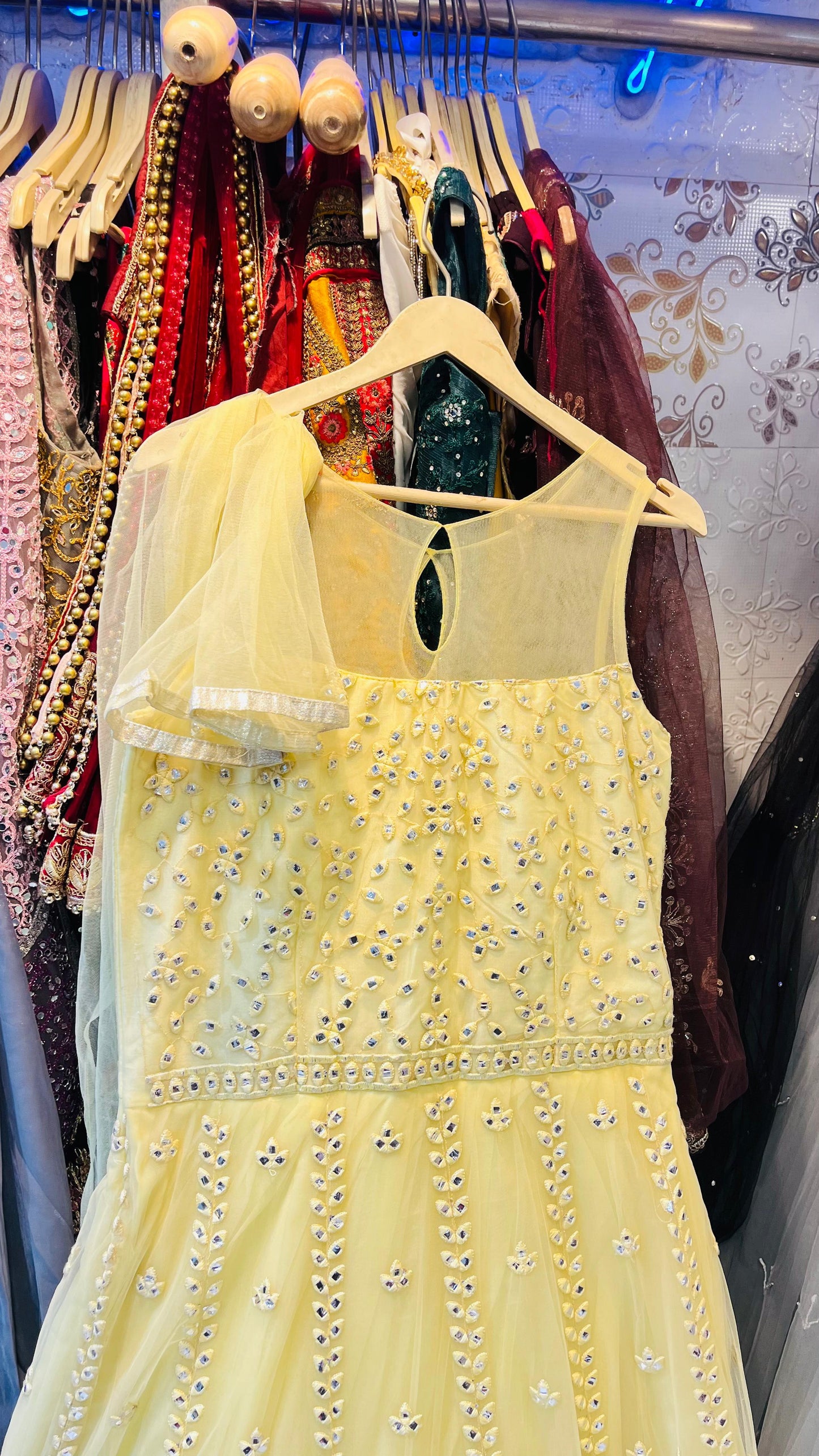 Radiant Lemon Yellow Tulle Gown with Vertical Mirror Work Vines & Heavy Floral Hem – Haldi Ceremony Special