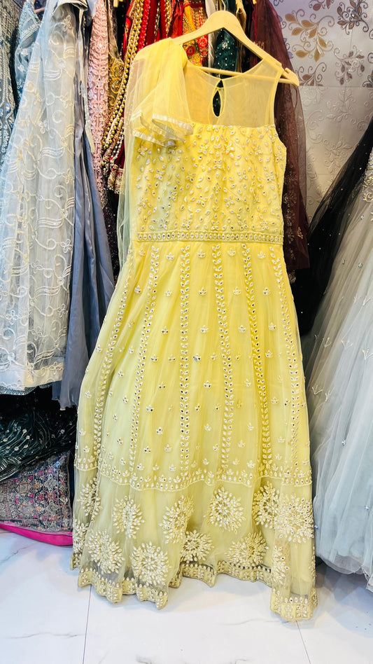 Radiant Lemon Yellow Tulle Gown with Vertical Mirror Work Vines & Heavy Floral Hem – Haldi Ceremony Special