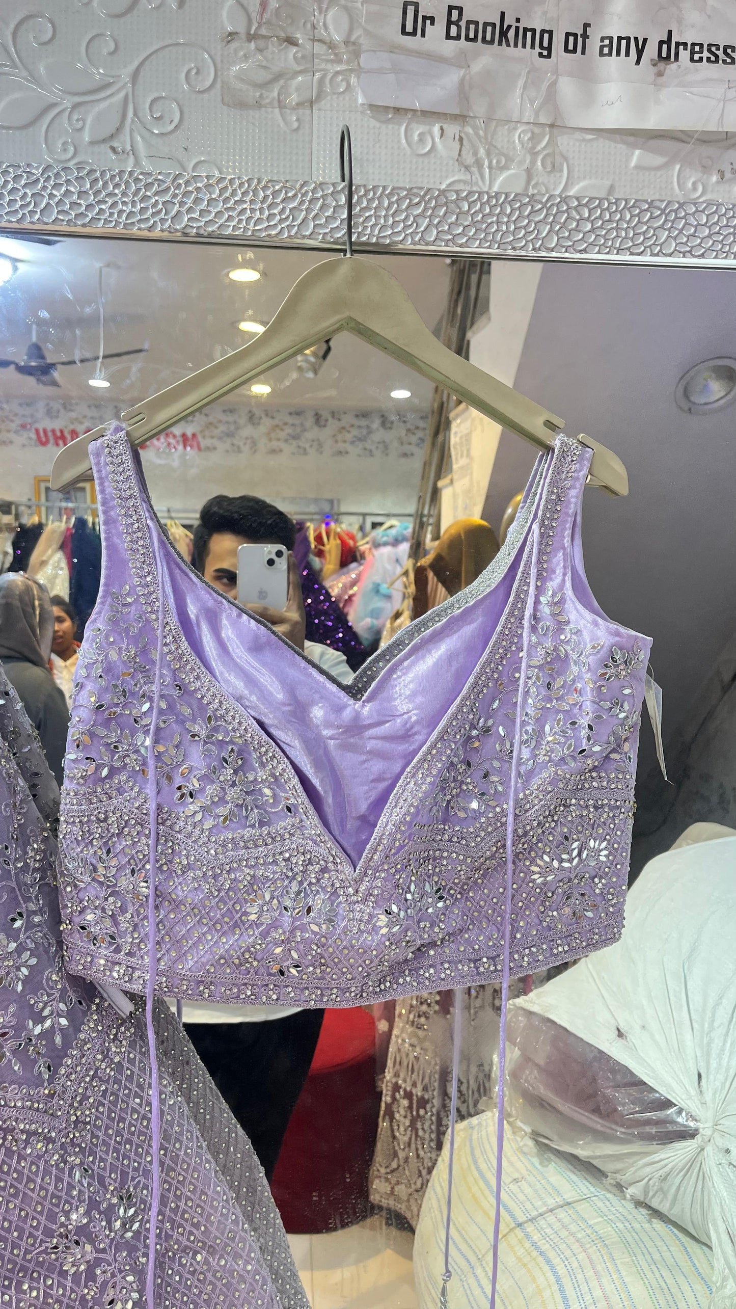 Lavender Mirror Work Net Lehenga Choli | Sleeveless V-Neck Designer Silver Embroidered Party Wear