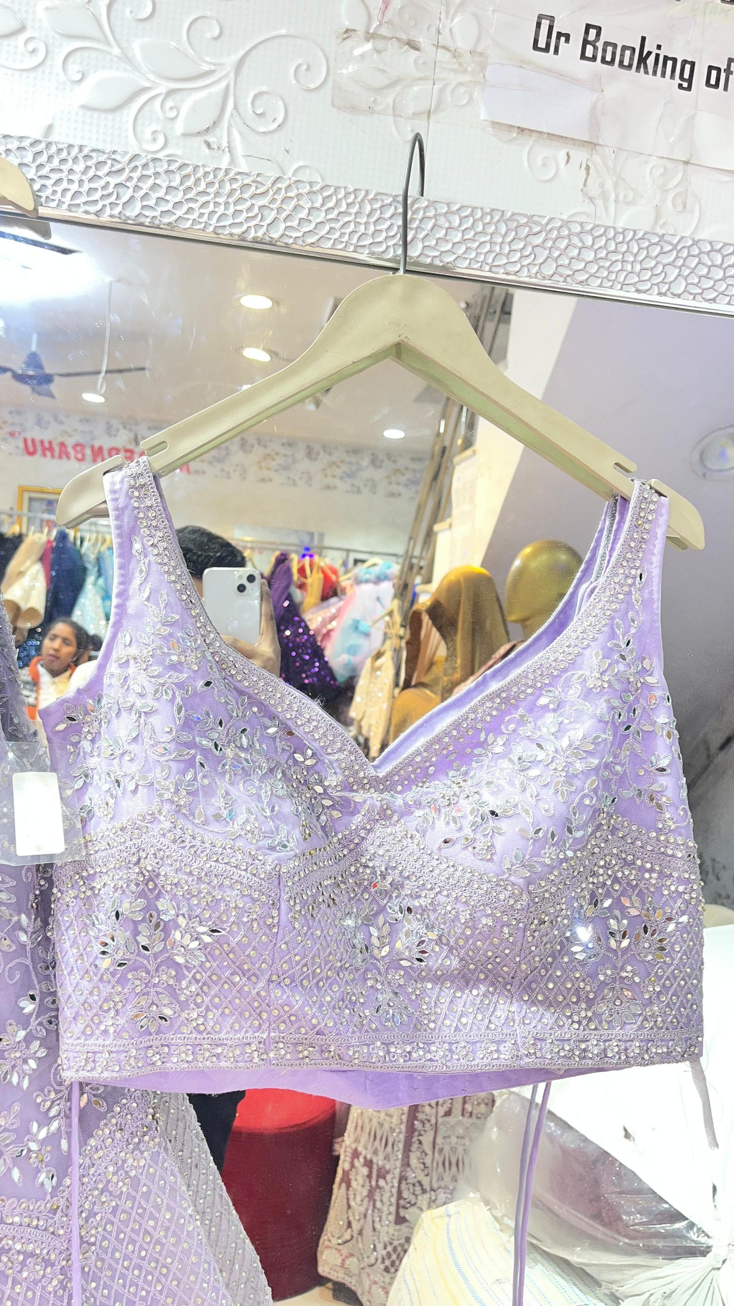 Lavender Mirror Work Net Lehenga Choli | Sleeveless V-Neck Designer Silver Embroidered Party Wear
