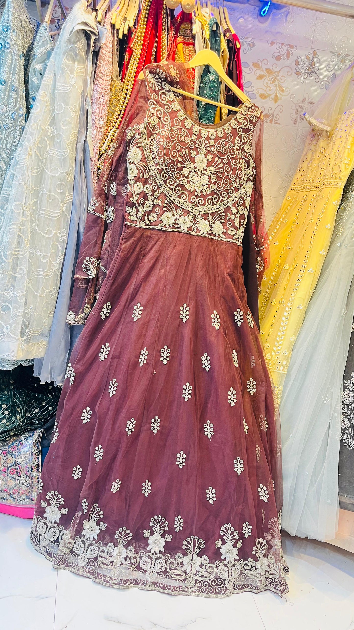 Regal Maroon Tulle Anarkali Gown with Tiered Ruffle Sleeves & Heavy Silver Embroidery – Ethnic Party Wear