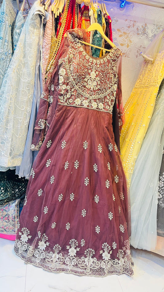 Regal Maroon Tulle Anarkali Gown with Tiered Ruffle Sleeves & Heavy Silver Embroidery – Ethnic Party Wear