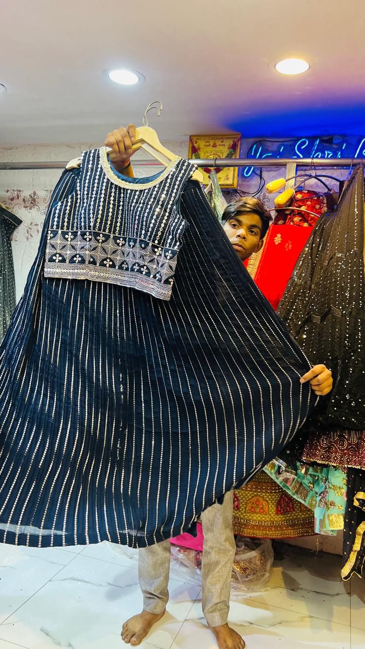 Navy Blue Georgette Sequin Lehenga Choli with Heavy Mirror Work Blouse