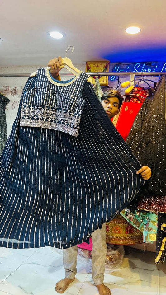 Navy Blue Georgette Sequin Lehenga Choli with Heavy Mirror Work Blouse
