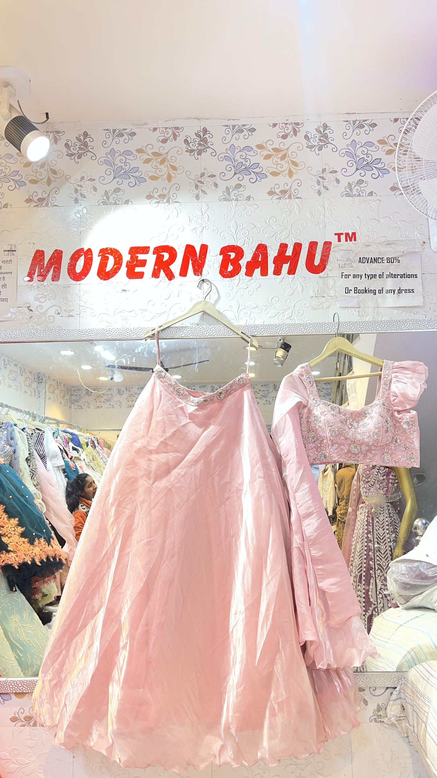 Baby Pink Shimmer Lehenga Choli | Floral Sequin Blouse with Ruffled Sleeves