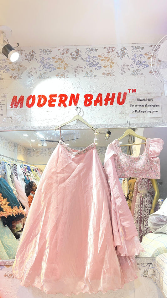 Baby Pink Shimmer Lehenga Choli | Floral Sequin Blouse with Ruffled Sleeves