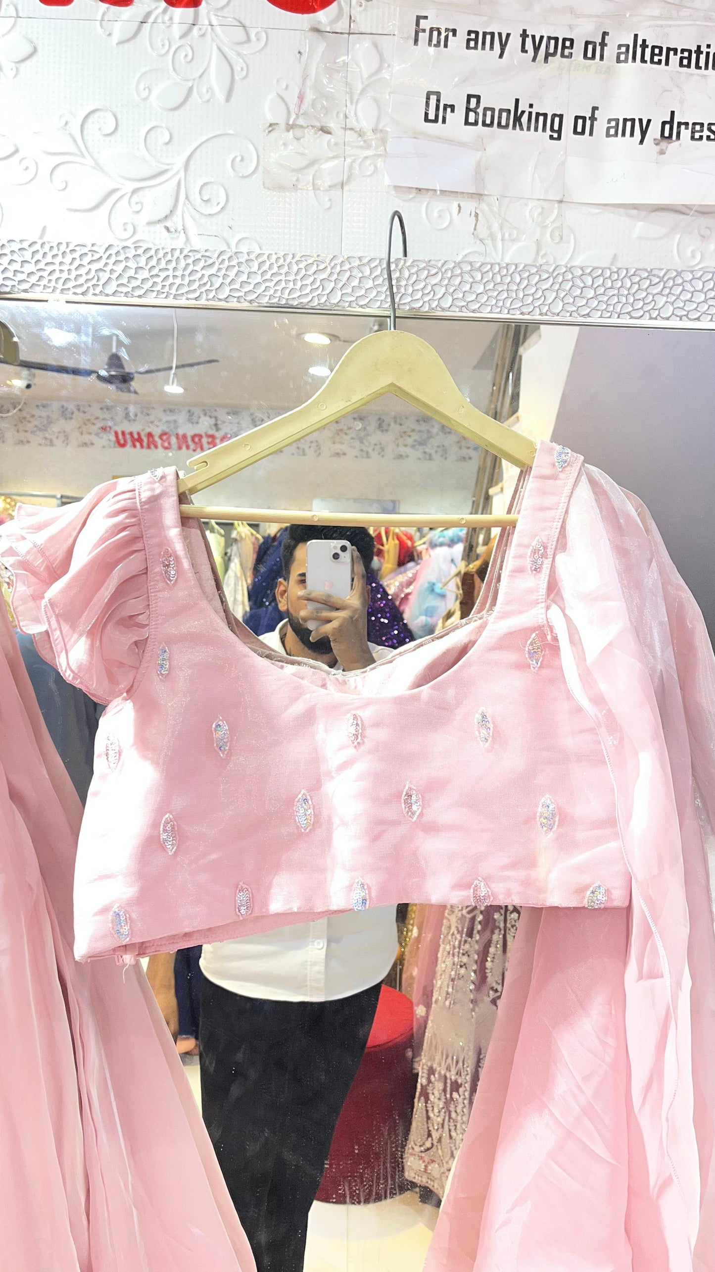 Baby Pink Shimmer Lehenga Choli | Floral Sequin Blouse with Ruffled Sleeves