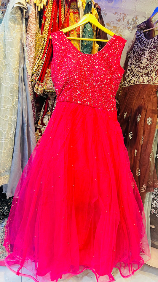 Vibrant Hot Pink Tulle Gown with Dense Beadwork Bodice – Statement Party Wear