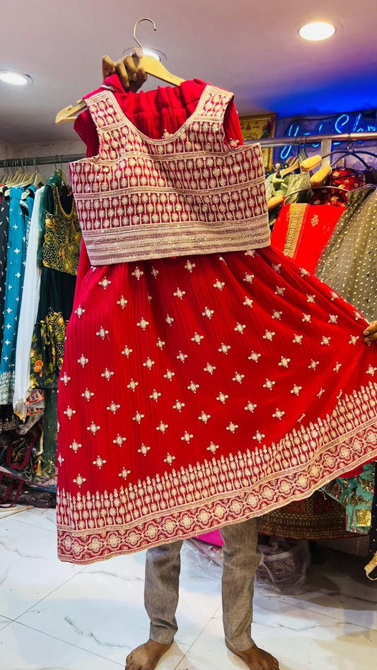 Vibrant Red Pleated Georgette Lehenga Choli with Geometric Embroidered Blouse & Foil Work