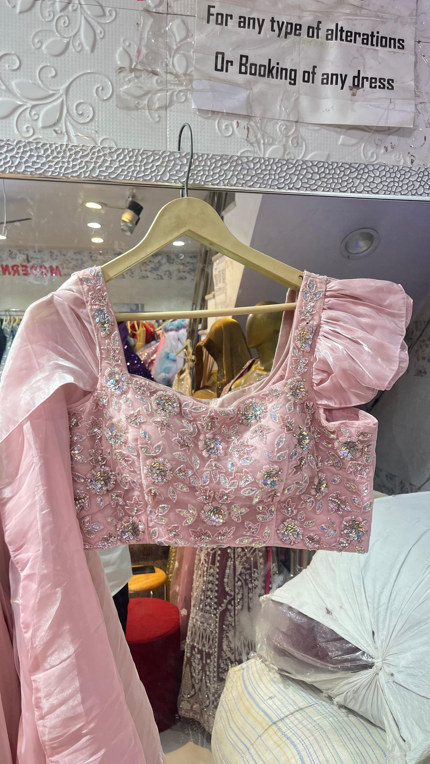 Baby Pink Shimmer Lehenga Choli | Floral Sequin Blouse with Ruffled Sleeves