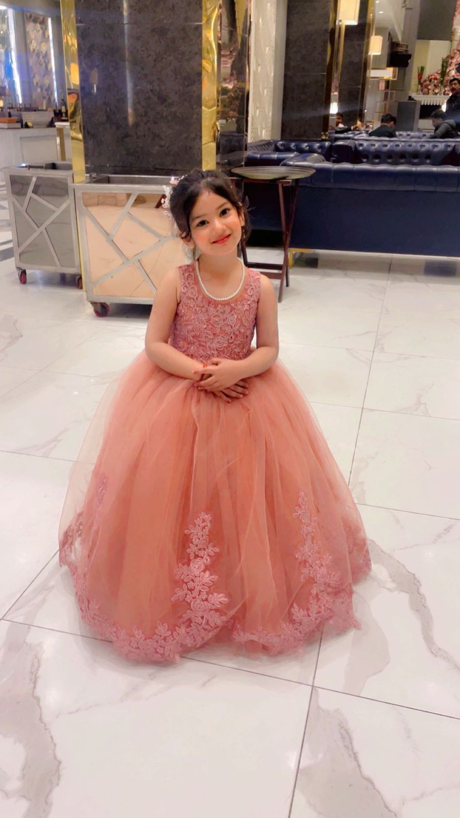 Adorable Peach Pink Tulle Princess Gown with Floral Lace Applique & Embroidered Bodice – Luxury Kids Party Wear