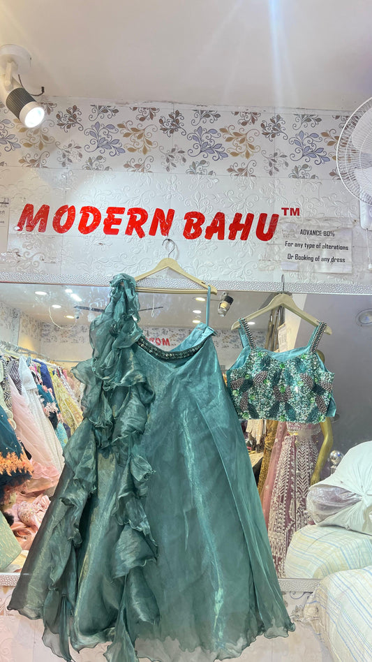 Teal Green Shimmer Lehenga Choli | Hand Embroidered Leaf Pattern Blouse with Ruffle Drape