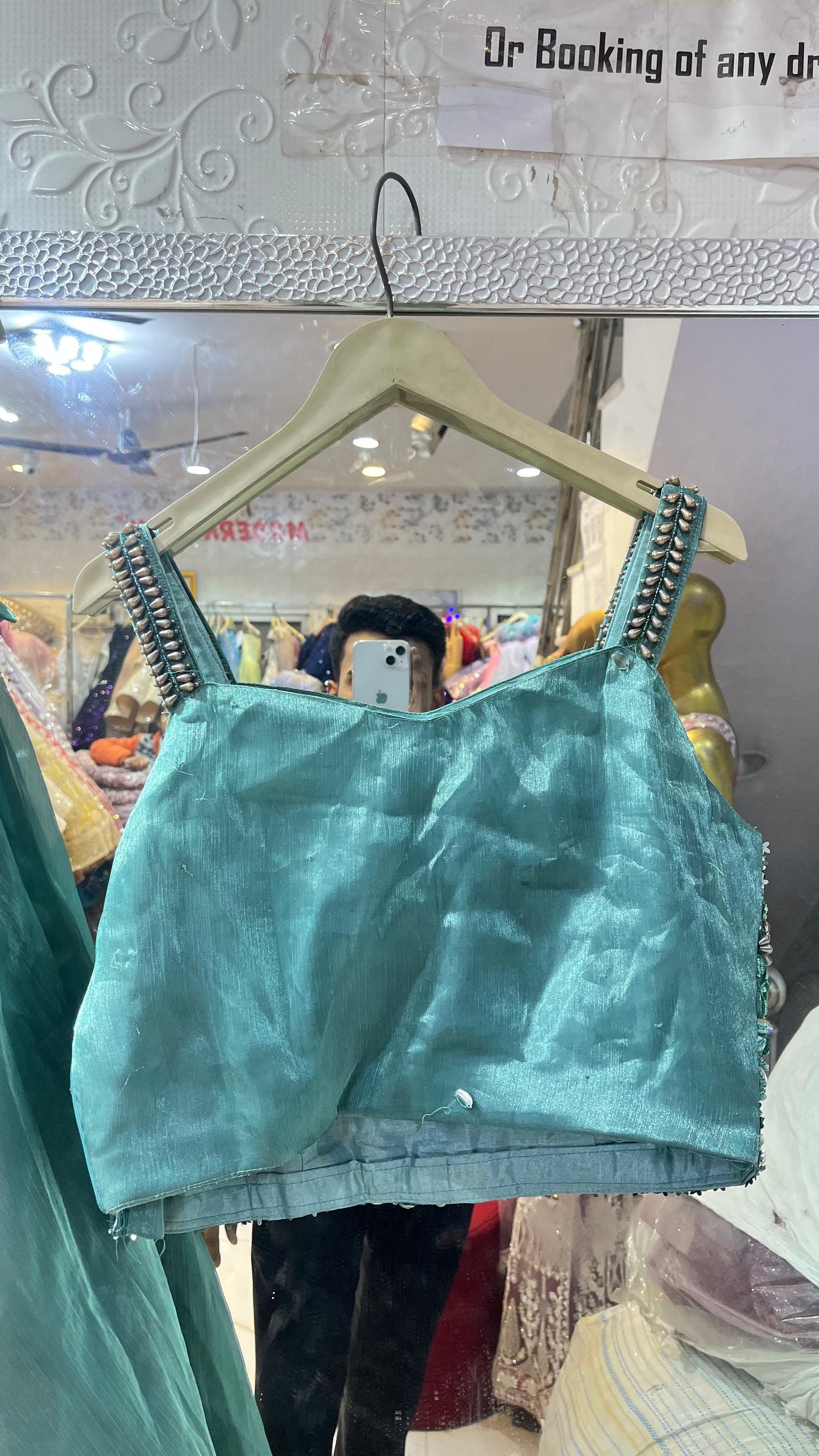 Teal Green Shimmer Lehenga Choli | Hand Embroidered Leaf Pattern Blouse with Ruffle Drape