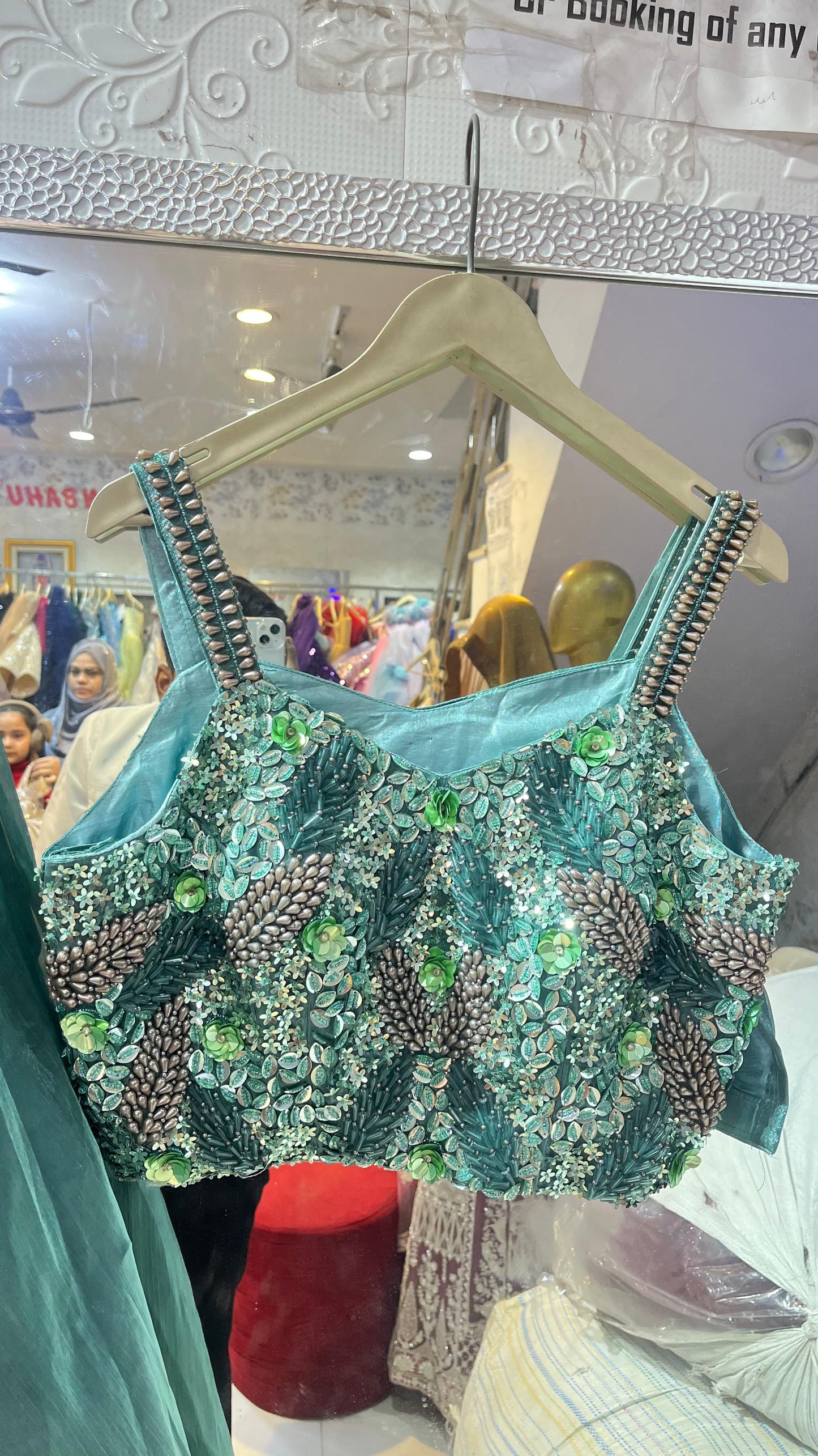 Teal Green Shimmer Lehenga Choli | Hand Embroidered Leaf Pattern Blouse with Ruffle Drape