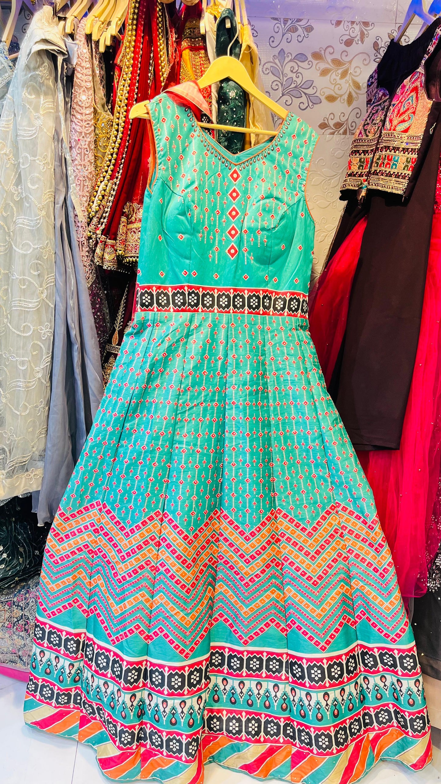 Vibrant Teal Geometric Print Gown with Traditional Chevron & Patola Patterns – Ethnic Fusion Wear