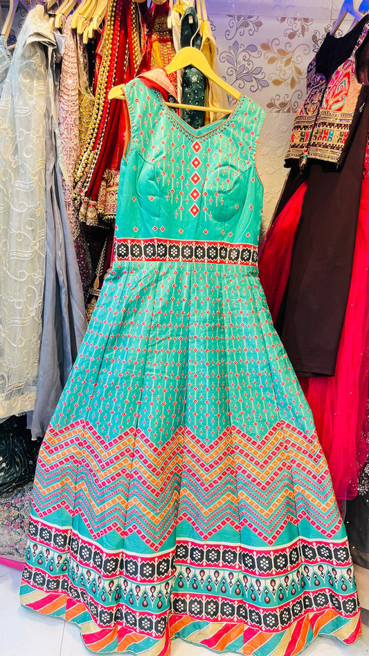 Vibrant Teal Geometric Print Gown with Traditional Chevron & Patola Patterns – Ethnic Fusion Wear