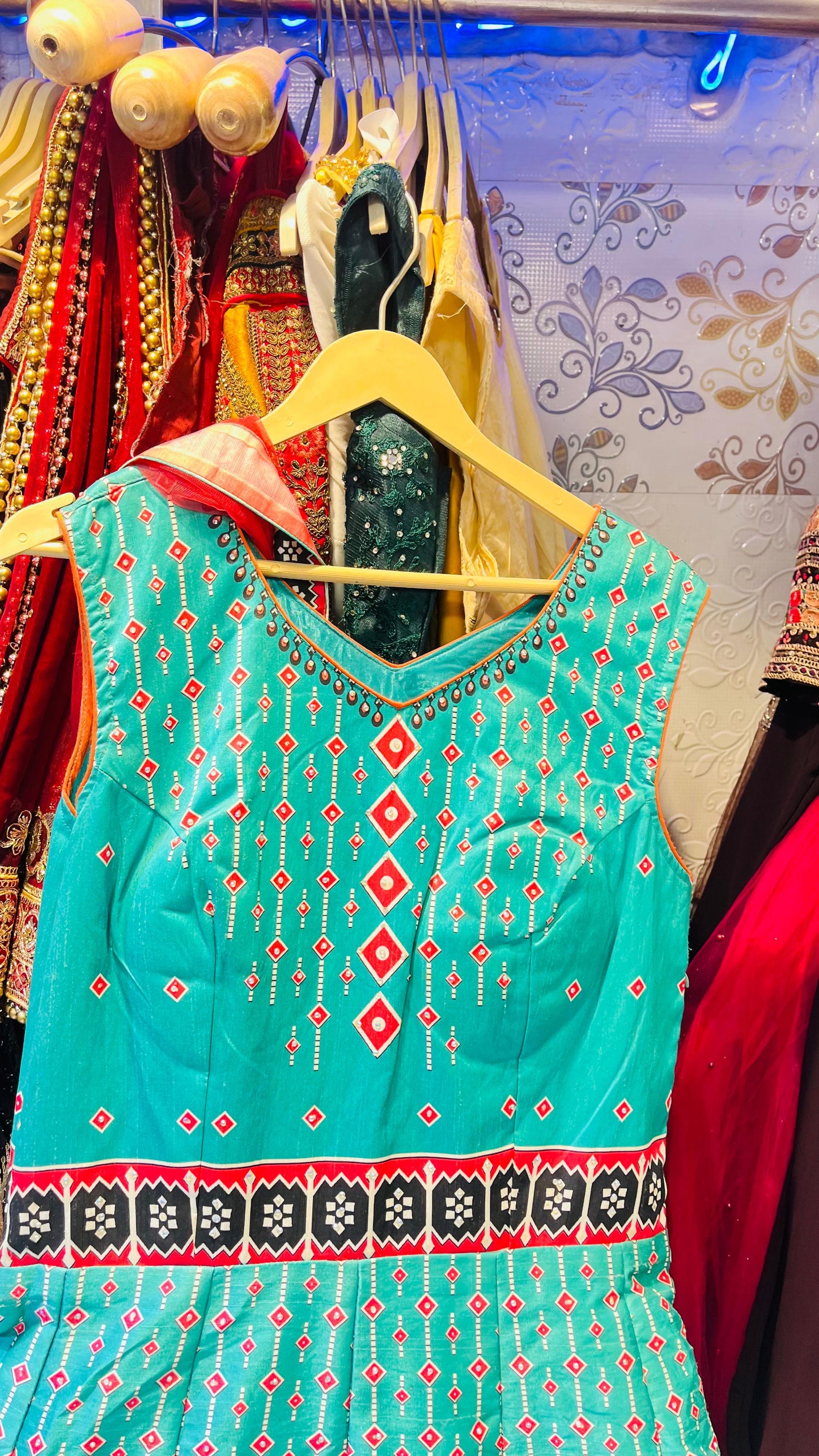 Vibrant Teal Geometric Print Gown with Traditional Chevron & Patola Patterns – Ethnic Fusion Wear