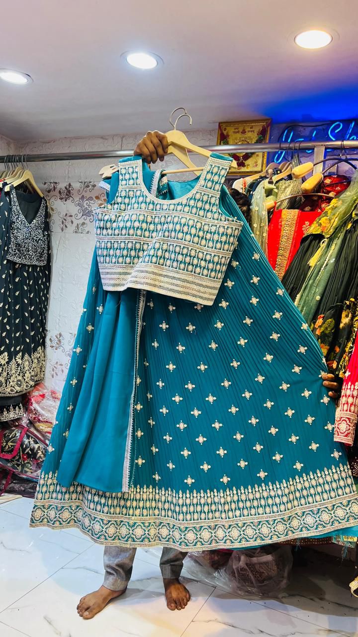 Premium Teal Blue Pleated Georgette Lehenga Choli with Geometric Embroidered Blouse & Foil Mirror Work