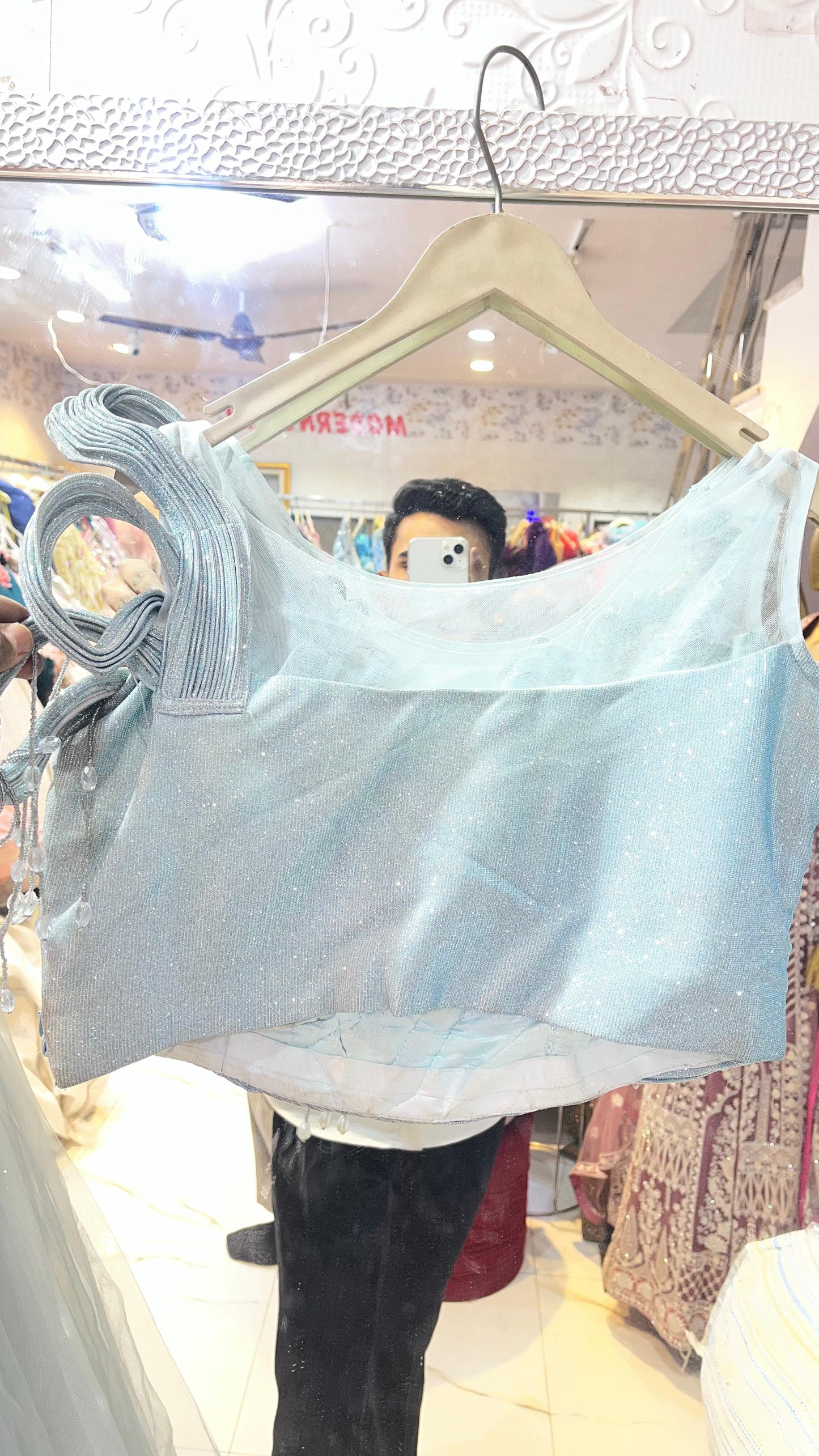 Icy Blue Crushed Shimmer Lehenga Choli | Pearl & Bead Embroidered Blouse with Sculptural Ruffle