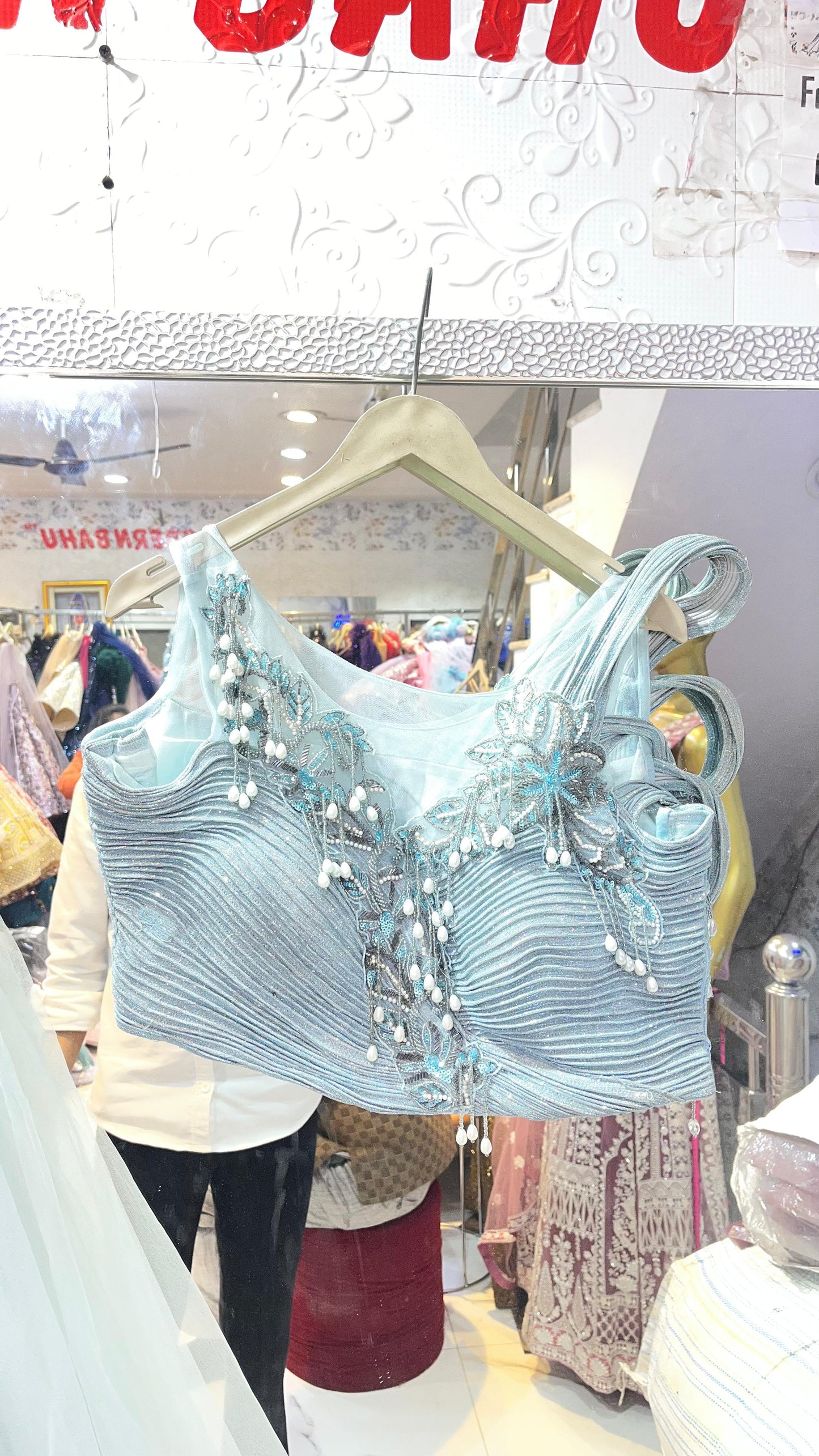 Icy Blue Crushed Shimmer Lehenga Choli | Pearl & Bead Embroidered Blouse with Sculptural Ruffle