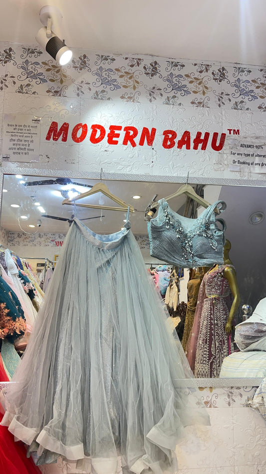 Icy Blue Crushed Shimmer Lehenga Choli | Pearl & Bead Embroidered Blouse with Sculptural Ruffle