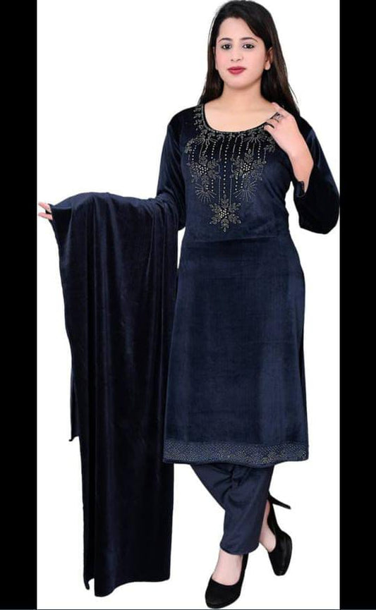 Winter Party Wear - Royal Navy Blue Velvet Kurta Pant Set with Crystal Floral Work.