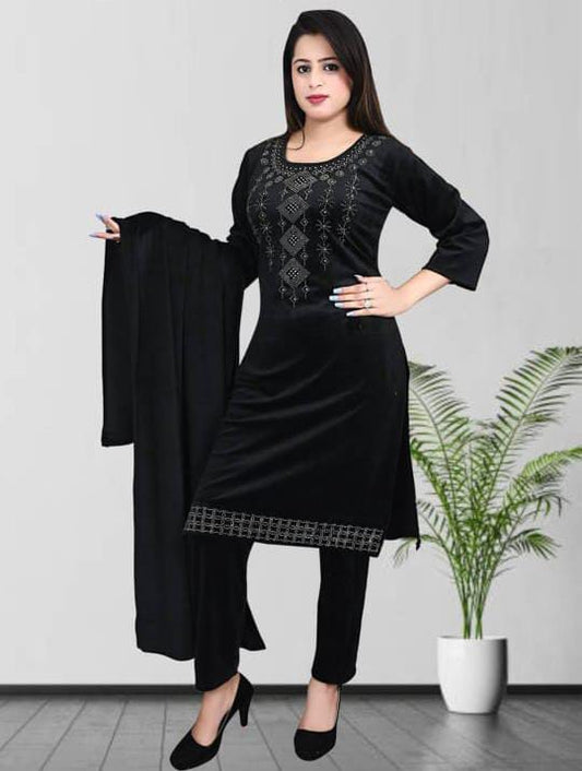 Winter Party Wear - Classic Black Velvet Finish Kurta Pant Set with Geometric Stone Work & Dupatta