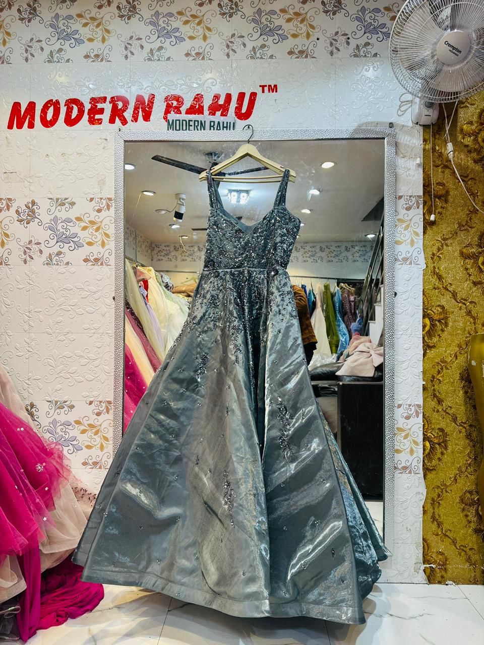 Glamorous Steel Grey Sequin Embellished Gown with Spaghetti Straps – Evening & Reception Wear