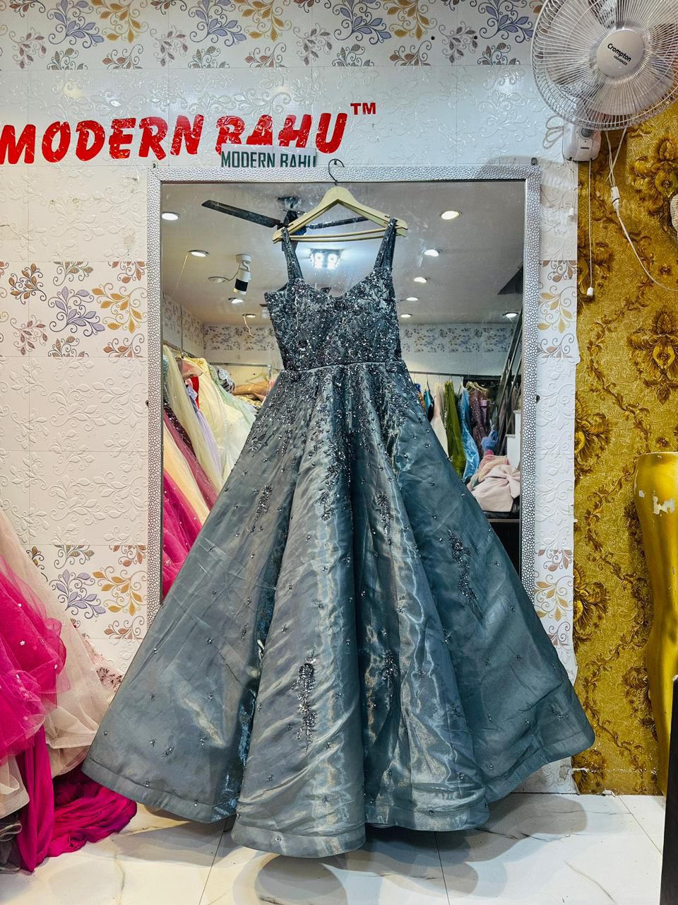 Glamorous Steel Grey Sequin Embellished Gown with Spaghetti Straps – Evening & Reception Wear