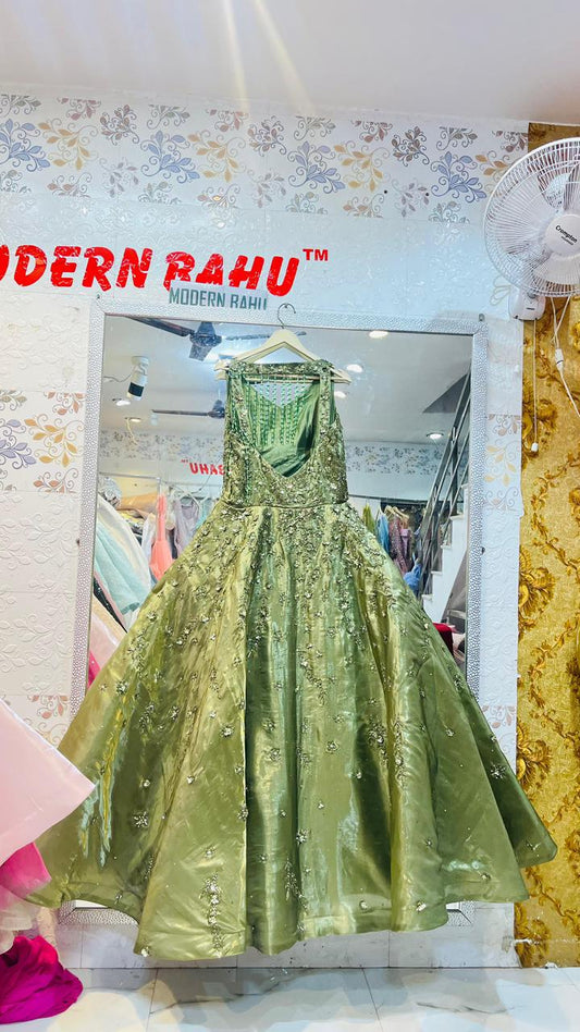 Enchanting Olive Green Gown with 3D Floral Embellishment & Statement Back Design – Reception & Party Wear