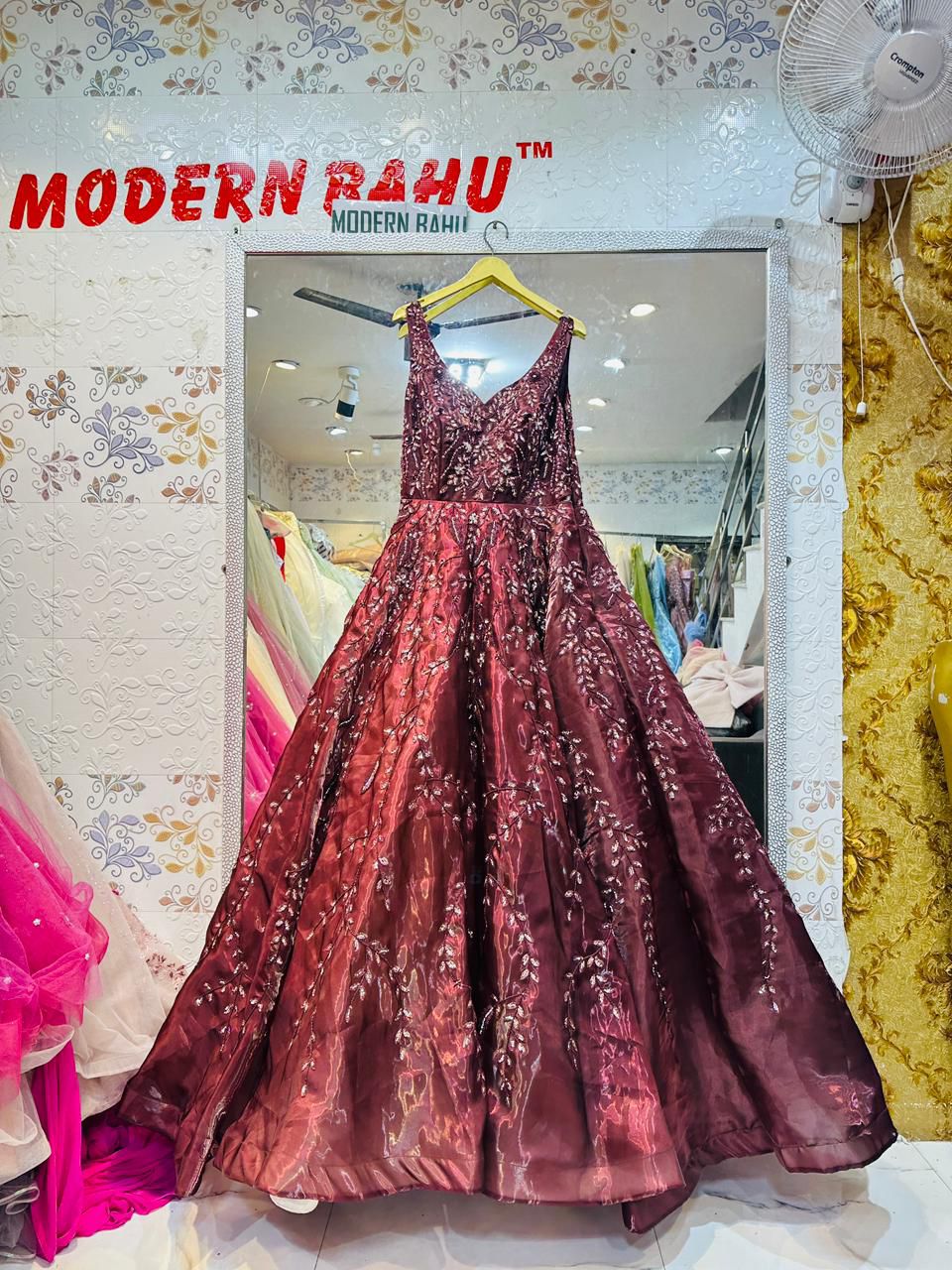 Regal Wine Maroon Ball Gown with Silver Vine Embroidery & Sequin Work – Wedding Reception Dress