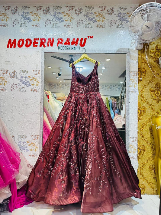 Regal Wine Maroon Ball Gown with Silver Vine Embroidery & Sequin Work – Wedding Reception Dress